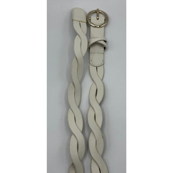 Talbots Womens White Woven Belt Size L Braided Leather Silver Buckle - Picture 3 of 4